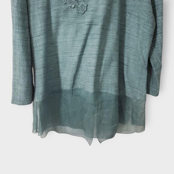 Ali Miles Floral Embroidered Lace Trim Tunic Top Green Spacedye Large Oversized - Picture 3 of 14